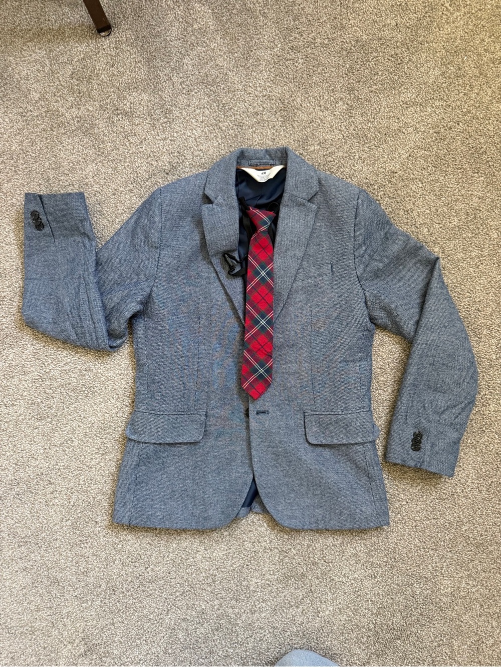 H&M Boys Size 10 Blue Blazer / Suit-coat + Red Plaid Tie